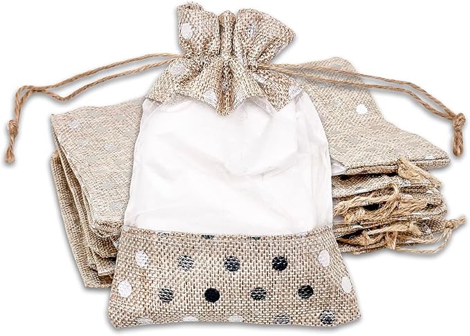 12-Pack Medium Linen Burlap & Organza Gift Bags w. Drawstrings (5x7 in, Beige/Silver Polka) - Party Favors, Presents, Samples & Treats Mesh Pouch by The Display Guys