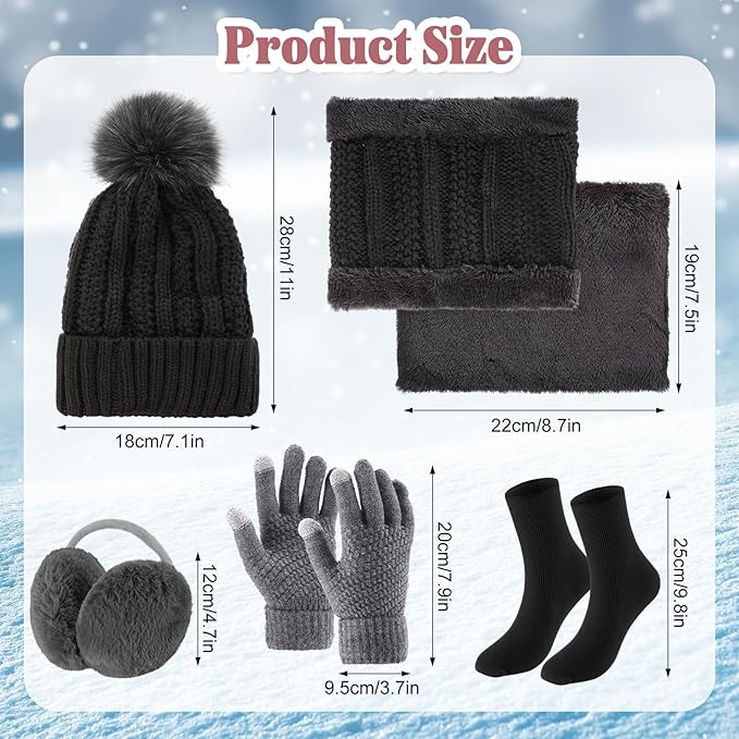 SATINIOR 5 Pcs Winter Satin Lined Hat Scarf Gloves Set Knit Pompom Beanie Warm Touchscreen Glove Earmuff Ear Warmer for Women