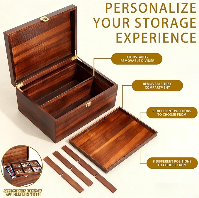Large Wooden Keepsake Box - Wood Storage Box Decorative Boxes with Adjustable Tray for Storing Keepsake Memory Gift, 12.5 Keepsake Boxes for Home Decor-WB006 (Brown, 12.5 x 9.4 x 6.1 IN)