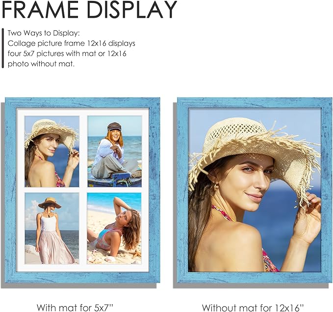 12x16 Picture Frame 5x7 Collage Picture Frame Displays Four 5x7 inch Photos or 12x16 (Without Mat) for Available Horizontal Wall Mounting Display and Vertical Blue