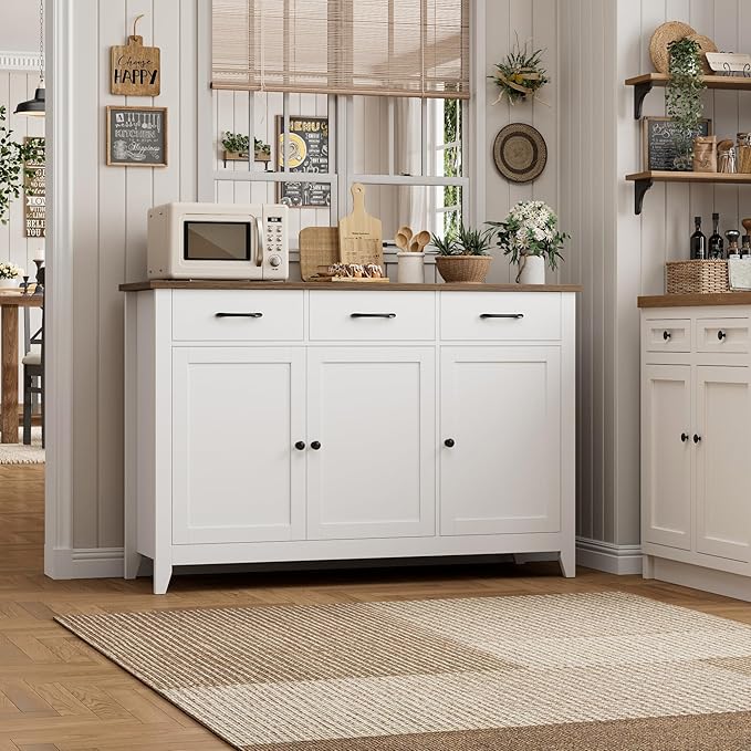 HORSTORS 47" Buffet Cabinet with Storage, Kitchen Buffet Table with Drawers, Modern Farmhouse Coffee Bar Storage Cabinet with Adjustable Shelf, Wood Sideboard for Dining Room, Kitchen, Entryway, White