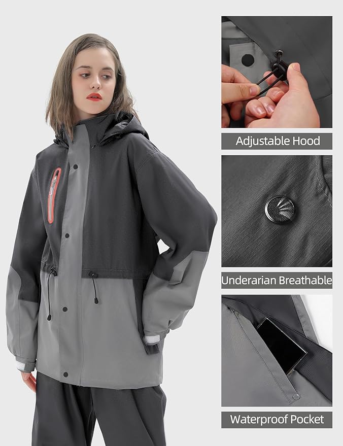 Rain Suit for Women Waterproof Hooded Rain Gear Rain Jacket and Pants 2 Piece Breathable Rain Coat Outdoor