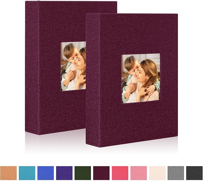 Ywlake Photo Album 4x6 50 Pockets 2 Packs, Small Mini Capacity Linen Photo Album Bulk Sets, Each Pack Holds 50 Top Loader Vertical Only Picture for Kids Boy Girls (Purple)