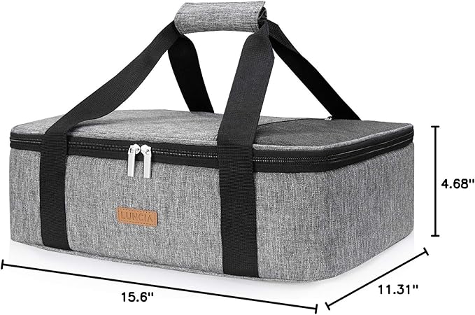 LUNCIA Insulated Single Decker Casserole Carrier, Lasagna Lugger Tote Keeps Food Hot or Cold, Thermal Lunch Bag for Potluck Parties, Picnic and Cookouts, Fits 9" x 13" Baking Dish, Grey