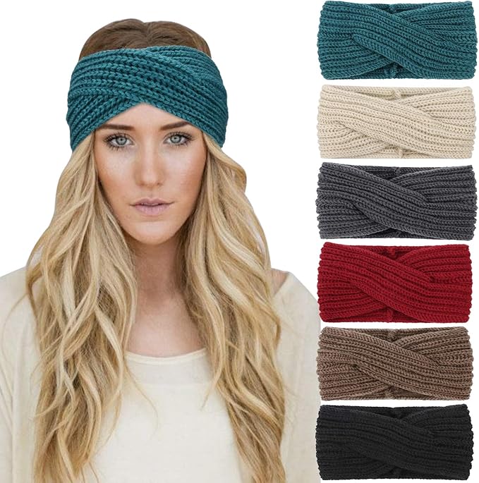 DRESHOW Winter Knit Chunky Headbands for Women Crochet Turban Knitted Ear Warmer Fashion Head Wrap 6 Pack