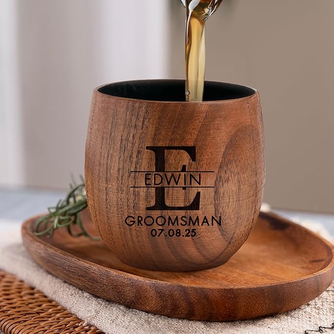 Personalized Whiskey Glasses Custom Wooden Whiskey Glass Groomsmen Gifts Bourbon Drinking Glasses Gifts with Any Text for Birthday Christmas Fathers Day Wedding (Design 7)