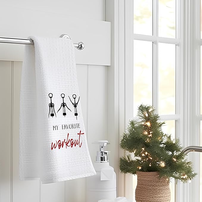 Funny Wine Kitchen Towels, Funny Hand Dish Tea Towels for Home Kitchen Bar Cart Decor, Bar Towel Gifts for Bartenders, My Favorite Workout, 16x24 Inch
