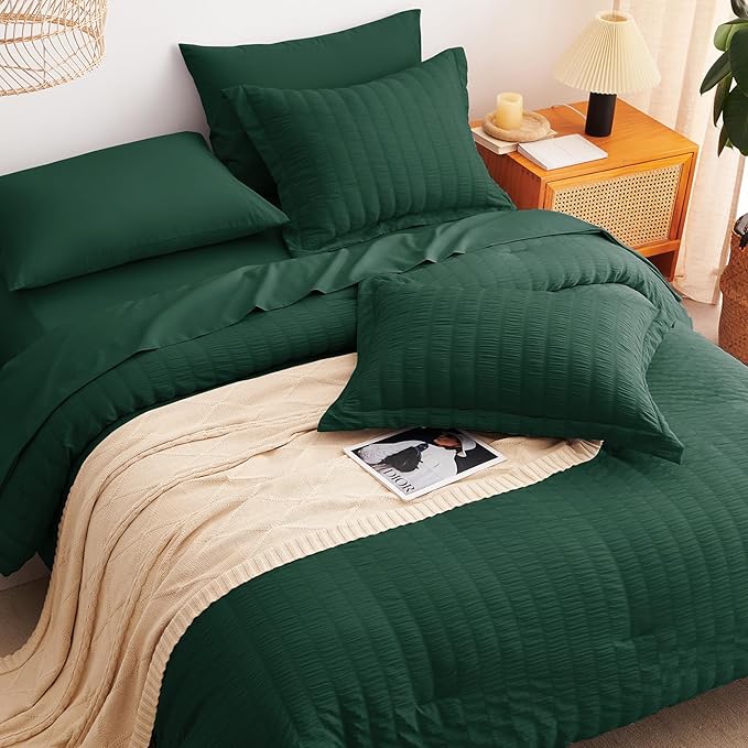 CozyLux Queen Comforter Set Emerald Green Seersucker 7 Pieces Bed in a Bag Queen Comforter Set with Sheets, Luxury Soft Bedding Set with Down Alternative Comforter, Sheets, Pillowcases & Shams