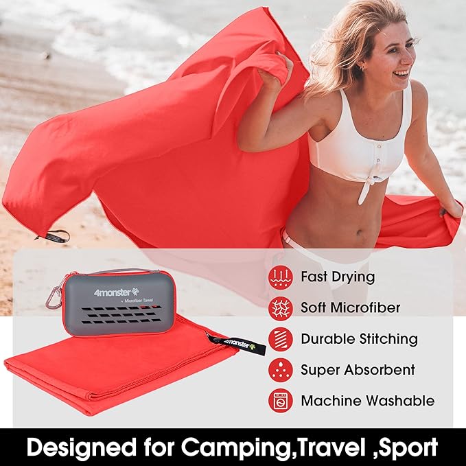 4Monster Quick Dry Travel Towel with Case & Carabiner – Super Absorbent Microfiber Gym & Camping Towel. Compact, Lightweight, Fast Drying for Beach, Swimming, Hiking, Backpacking