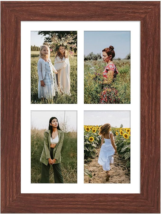 9x13 Picture Frame Display 4 opening 4X6 Picture Frame Collage,Multi Photo Frame with Mat,Plexiglass,Wall or Tabletop Decor,Walnut Wood Grain