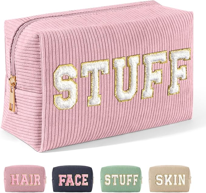 MAGEFY Corduroy Makeup Bag Small Makeup Bag for Purse with Compartments Cute Makeup Pouch Cosmetic Bag for Women Friends Preppy Gifts (Pink, STUFF)
