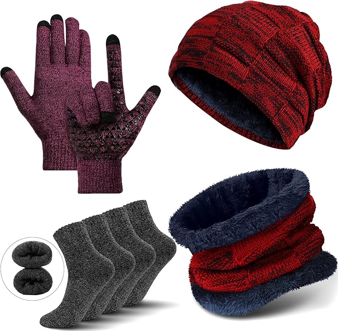 Winter Fleece Lined Beanie Hat Scarf Sock Touchscreen Gloves Set for Men Women