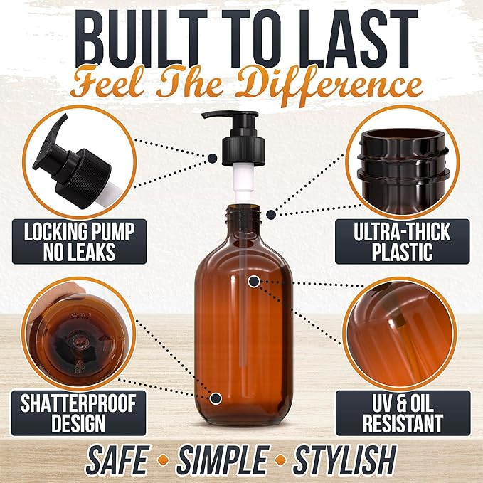 Amber Plastic Soap Dispenser with Pump Set of 3 – 16 oz Refillable Shampoo and Conditioner Bottles – Durable & Reusable for Hand Soap, Dish Soap, Lotion, Gel, Body Wash in Kitchen, Bathroom, Shower