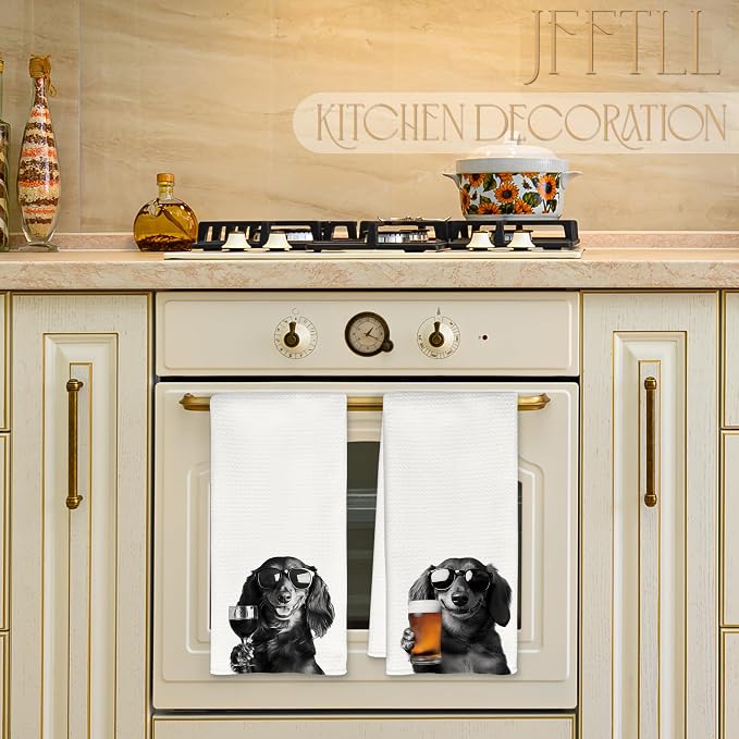 Funny Dachshund Kitchen Towels Set of 2, Funny Kitchen Decor, Wine Bar Decor, Black and White Dachshund Owner Gift Hand Towel, Dining Room Decorative Tea Towel Dish Towels 16x24 Inch