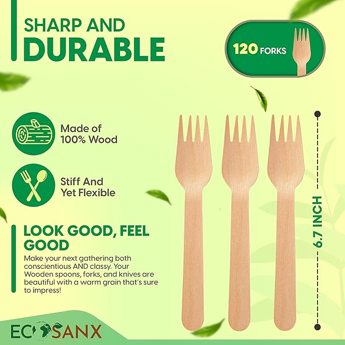 ECOSANX® 120 PCs Wooden forks for eating 6.5" Splinter Free Compostable Forks, Eco-Friendly Wooden Cutlery set for Party & Outdoor, Disposable forks for Camping, Events & More