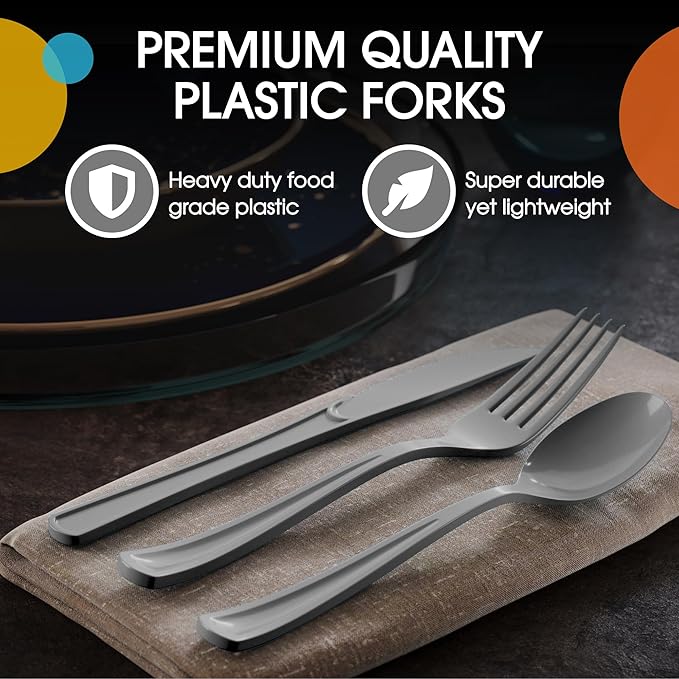 Party Solids Silver Plastic Silverware Heavy Duty 150 Pieces Silver Plastic Cutlery Sets, Utensil Sets, 50 Of Each Forks, Knives & Spoons Disposable Cutlery Set, Flatware Set For Party Supplies