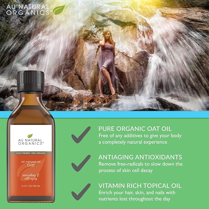 Au Natural Organics Oat Oil for Skin and Hair - Organic Cold Pressed Avena Sativa Kernal Oil, Moisturizing Face & Body Oils for Eczema, Scars & Dry Skin - Soap Making, Cleansing & Hydration, 100ml