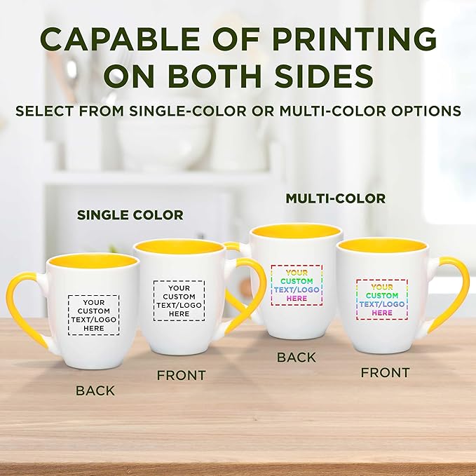 Custom Bistro Style Large Coffee Mugs 16 oz. Set of 100, Personalized Bulk Pack - Perfect for Coffee, Tea, Espresso, Hot Cocoa, Other Beverages - Yellow