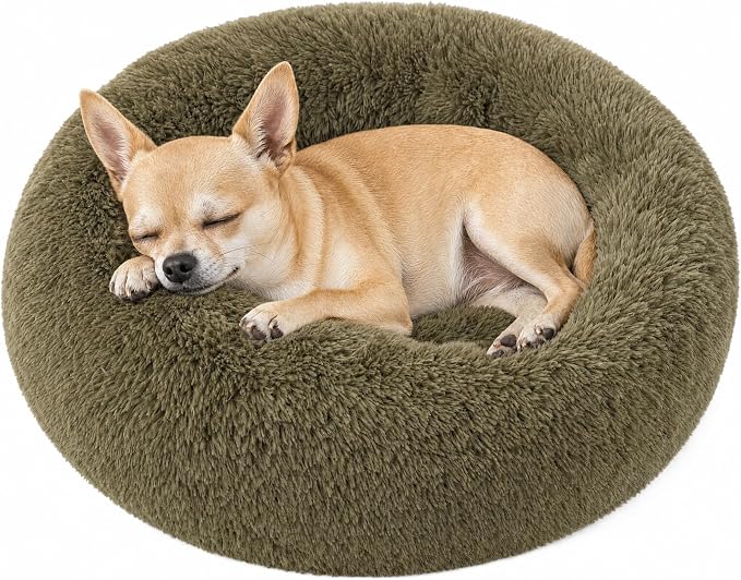 Tiny Dog Bed for Extra Small Dogs for Chihuahua Pomeranian Toy Poodle | 15 Inch Washable Puppy Bed,Soft Faux Fur Calming Donut Bed,Army Green