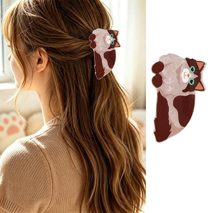 Fluffy Long Hair Cat Hair Claw Clips Animal Hair Clip Kitten Hair Barrettes | Lying Ragdoll Kitten Hair Jaw Clips Acrylic Grip Clips Brown Pet Cat Hair Accessories for Women Daily Holiday Party Styling