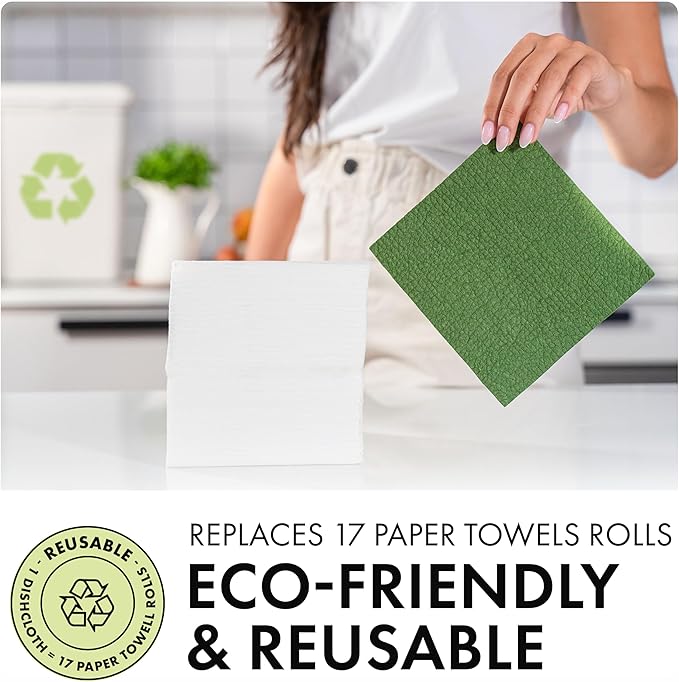SUPERSCANDI 5 Pack Swedish Dishcloths for Kitchen - 100% Biodegradable & Compostable Reusable Paper Towels Washable, Food-Safe & Without Plastic - Dish Rags for Any Surface, Premium, Forest Green