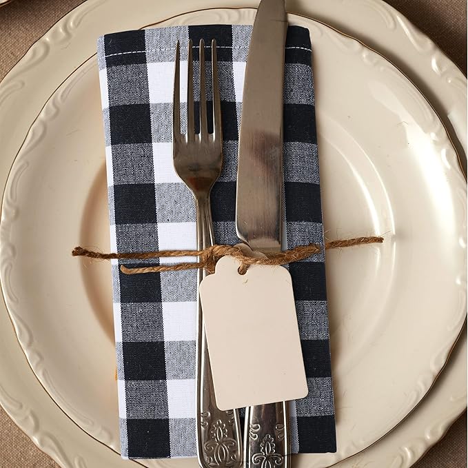 Urban Villa Cloth Napkins 100% Cotton Dinner Napkins Highly Absorbent 20x20 Inches (Set of 12) Black White Buffalo Checks Reusable Washable Soft Durable Premium Napkins Ideal for Home Wedding Parties