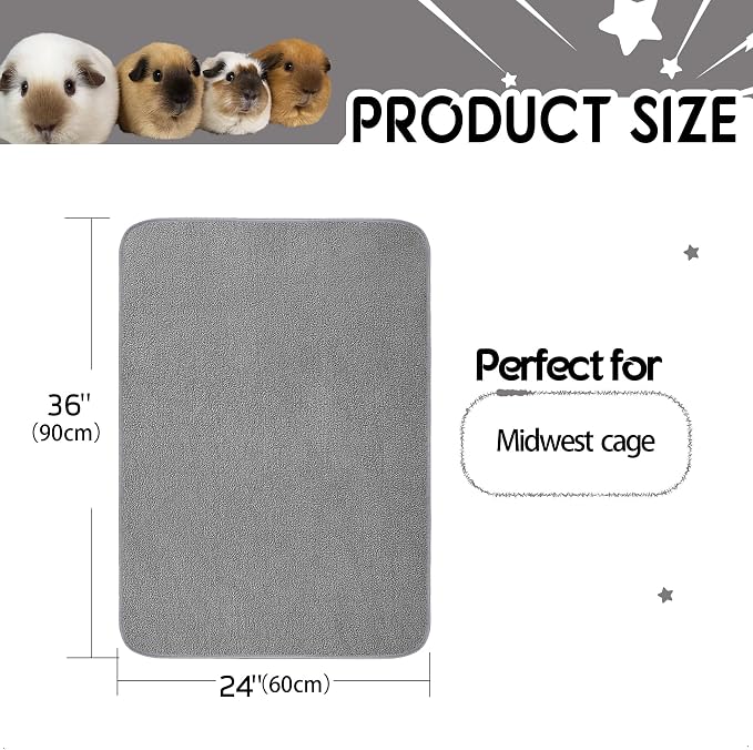Guinea Pig Bedding, Cage Liners, Washable, Reusable & Leakproof | Premium Fleece Material, Instant Absorbent, Anti-Slip Bottom, Ideal Pee Pads for Small Animals. 24"x36", 2 Pack, Gray