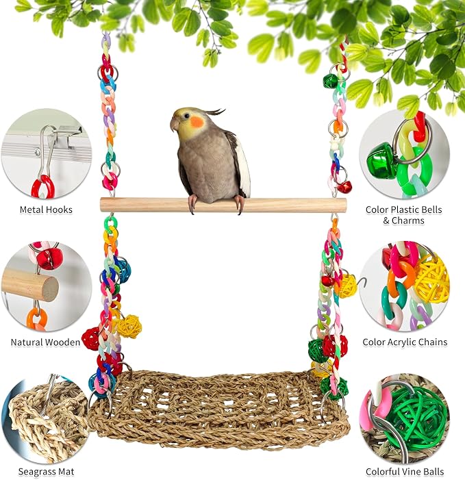 Natural Bird Swing Toys with Wood Perch, Double Layer Bird Seagrass Woven | Climbing Hammock with Chewable Perch Stand Chewing Toy for Parakeets, Budgies, Conures, Cockatiels, Lovebirds