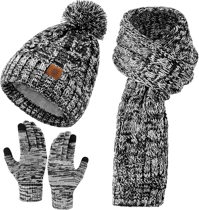 Tavaleu Womens Winter Beanie Hat Scarf Gloves Set, Pom Pom Beanie Warm Knit Scarf Touchscreen Gloves for Cold Weather