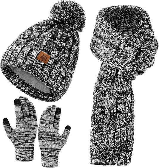 Tavaleu Womens Winter Beanie Hat Scarf Gloves Set, Pom Pom Beanie Warm Knit Scarf Touchscreen Gloves for Cold Weather
