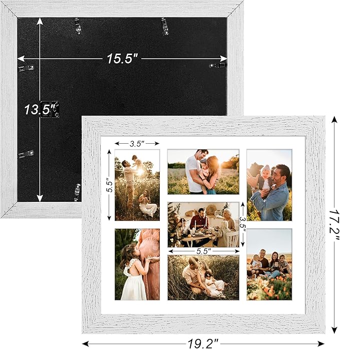 13.5x15.5 Picture Frame Display 7 opening 4X6 Picture Frame Collage,Multi Photo Frame with Mat,Plexiglass,Wall Hanging Decor,Distressed White Wood Grain