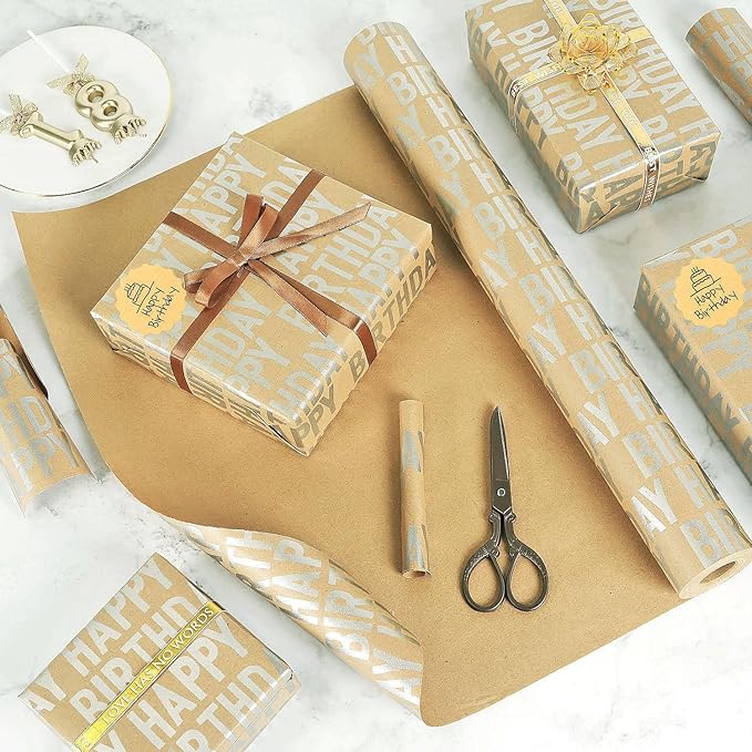 MAMUNU Birthday Wrapping Paper Roll, Silver and Brown Kraft Happy Birthday Wrapping Paper Jumbo Roll for Boys Girls Women Men, 17x590 inch (70 sq. ft.)