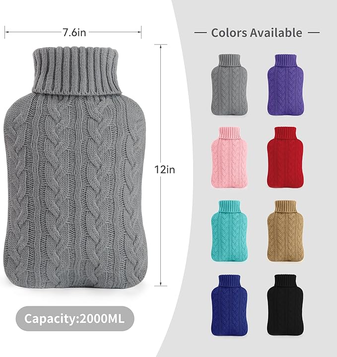 samply Hot Water Bottle with Knitted Cover, 2L Hot Water Bag for Hot and Cold Compress, Hand Feet Warmer, Ideal for Menstrual Cramps, Neck and Shoulder Pain Relief,Grey