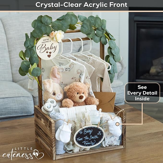 Wooden Baby Shower Crate Closet with Clear Acrylic Front - Customizable Wooden Crate Box with Dual Rod System, Easy Assembly Baby Baskets and Gift Display for Baby Shower (Burnt Wood)