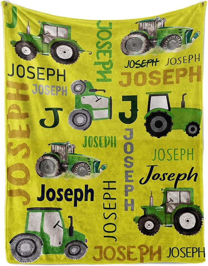 Personalized Tractors Blanket - Custom Name with Farm Tractor Trucks Design - Soft Plush Flannel Bed Blanket for Baby Kid Teen Boys Girls Customized Gifts Yellow