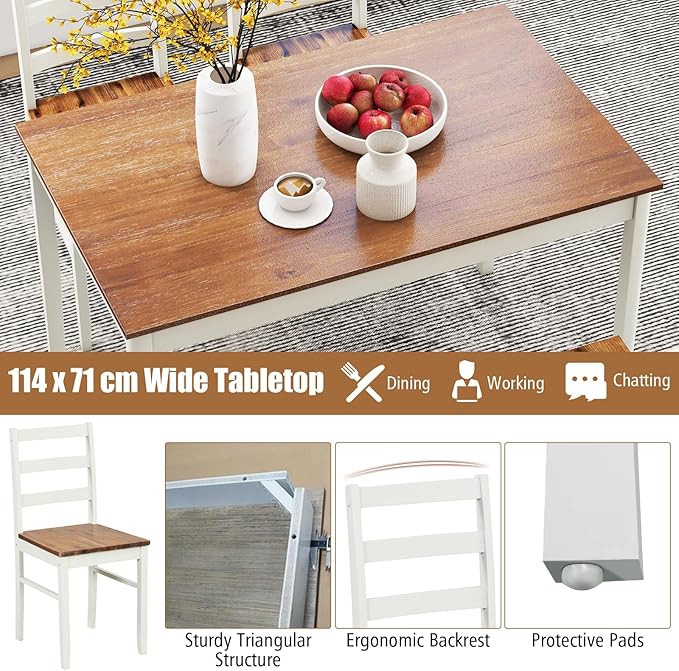 Tangkula Dining Table Set for 4, Solid Wood, Farmhouse Dinette Set w/Rubber Wood Legs, Mid-Century Modern, Compact Dining Table and Chairs Set for Kitchen, Dining Room (Brown+White)