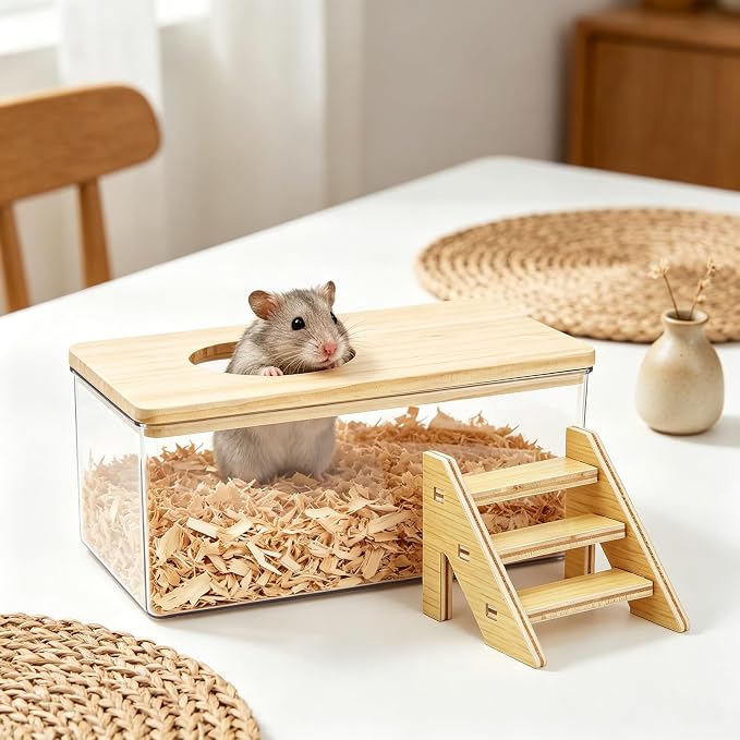 Hamster Sand Bath Box with Wood Cover and Ladder - Rectangle Clear Digging Container - Multifunctional Bathroom for Small Animals for Home and offic