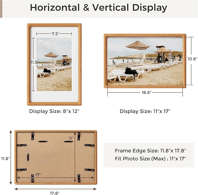 Heimlove 11x17 Picture Frames Natural Teak,Original Wood Hand Make Crafted Diploma Frame with Mat to 8x12 Graduation Picture Display,Family Picture,Wedding Picture,Photo,Certificate Wall Mounted