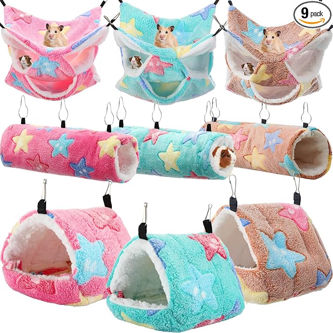 Abbylike 9 Pieces Rat Hammock 3 Tier Guinea Pig Ferret Hammocks Small Pet Hanging Tunnel Glider Toy Guinea Pig Ferret Hideout Bed Cage Accessories for Hamster (Green, Pink, Brown,Stars)