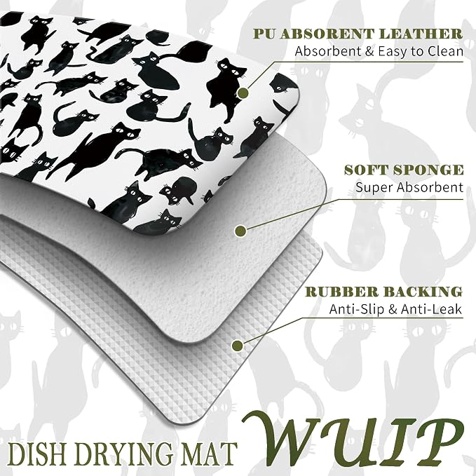 Black Cat Dish Drying Mats for Kitchen Counter, Cat Lover Gifts, Funny Black Cats Absorbent Reversible Coffee Bar Mat Drying Pad for Kitchen Decor, 12x15 Inch