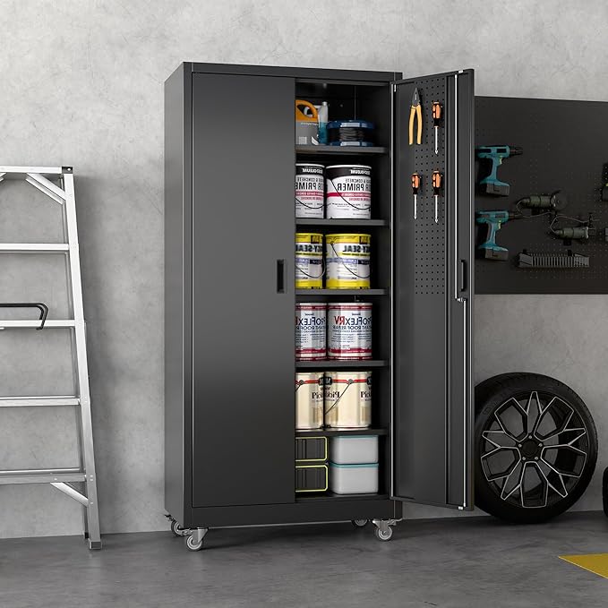 Garage Storage Cabinet with Wheels, Metal Storage Cabinet with 5 Adjustable Shelves and Pegboard for Garage Home Utility Room,Required Assembly,Black，71" H×34" W×18" D