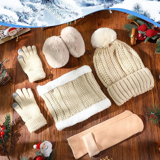 SATINIOR 5 Pcs Winter Satin Lined Hat Scarf Gloves Set Knit Pompom Beanie Warm Touchscreen Glove Earmuff Ear Warmer for Women