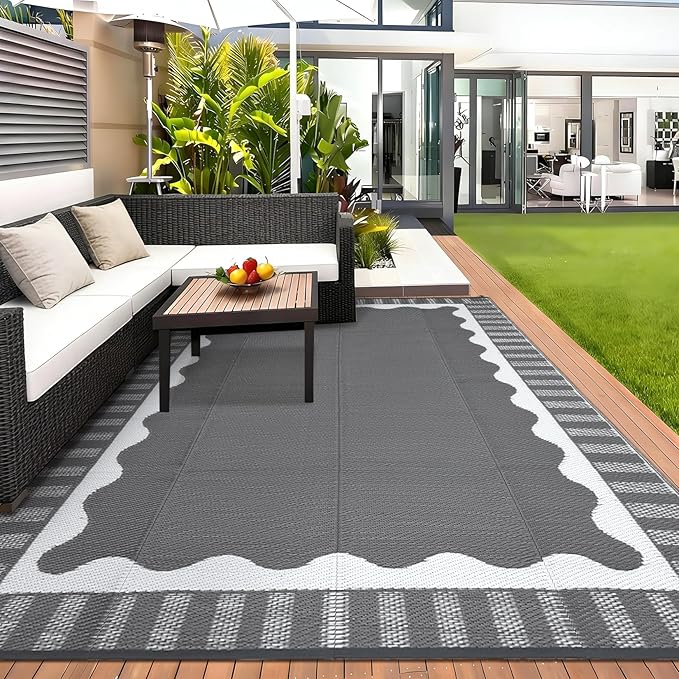 Waterproof Plastic Straw Outdoor Rug 9x18 Patio Reversible UV Resistant Foldable Camping Carpet Scalloped Border Large Outdoor Rugs for Deck, Picnic, Porch, Camper, Balcony, Beach，Grey