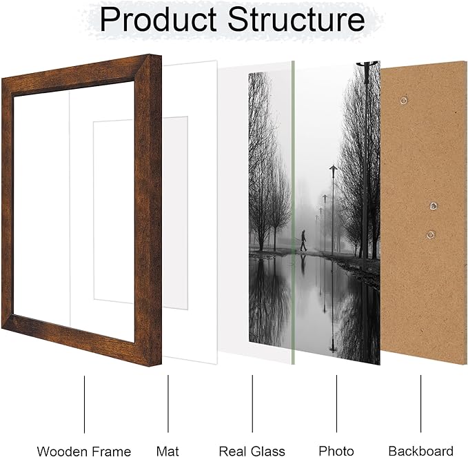 iRahmen 11x14 Picture Frame Set of 4 with Tempered Glass, Rustic Frame Display 8x10 Pictures with Mat or 11 x 14 Without Mat, Wooden Photo Frames for Wall Mounting