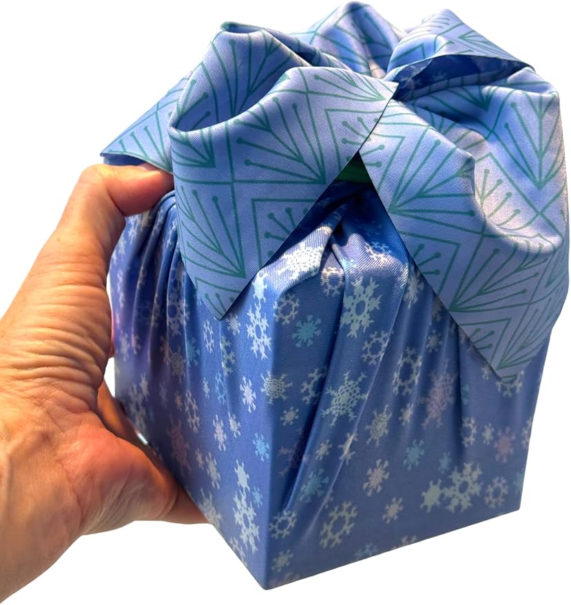 SHIKIWRAP Reusable Cloth Gift Wrap – Set of 3, Snowflakes/Pine & Deep Blue Eco-Friendly, Reversible, Stretchy Furoshiki Fabric Wrap for Birthday Gifts, Holidays, Special Occasions & Sustainable Living