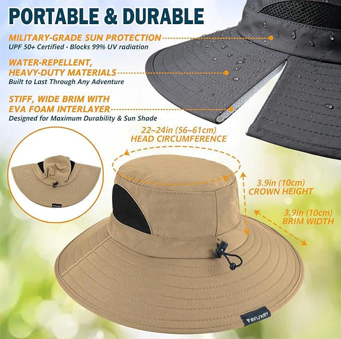 EINSKEY Wide Brim Sun Hat, UPF 50+ UV Protection Waterproof Packable Bucket Hat for Men & Women, Fishing Hiking Beach Garden