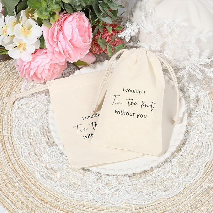 CEELGON 8 Pcs Drawstring Jewelry Pouch Bridesmaid Gift Bags Linen Cotton Fabric Wedding Bridal Party Favor Bags Bachelorette Tie The Knot Earring Packaging Proposal Gift (Natural)