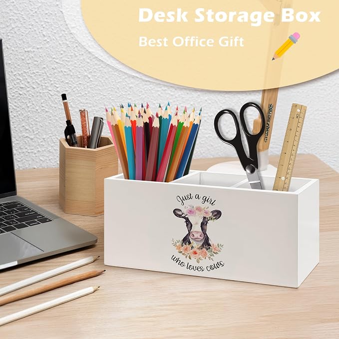 Floral Cow Pen Holder Organizer Desk Decor, Cow Gifts for Women Girls, Just A Girl Who Loves Cows Wooden Pen Pencil Holders for Girls Room Home Office Desk Accessories