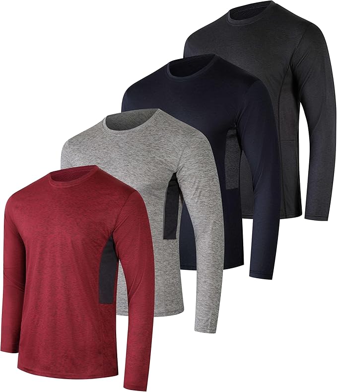 Real Essentials 4 Pack: Mens Long Sleeve Dry Fit T Shirts Hiking Fishing Workout Gym Work Sun UPF 50 Wicking Running Tee