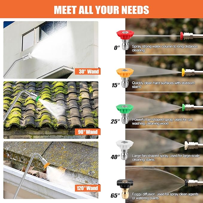 120" Gutter Cleaning Tools From the Ground, Pressure Washer Extension Wand with 5 Power Washer Nozzle Tips Replacement Pressure Washer Lance Wand with 30°/90°/120°Gutter Cleaner Attachment Curved Rods